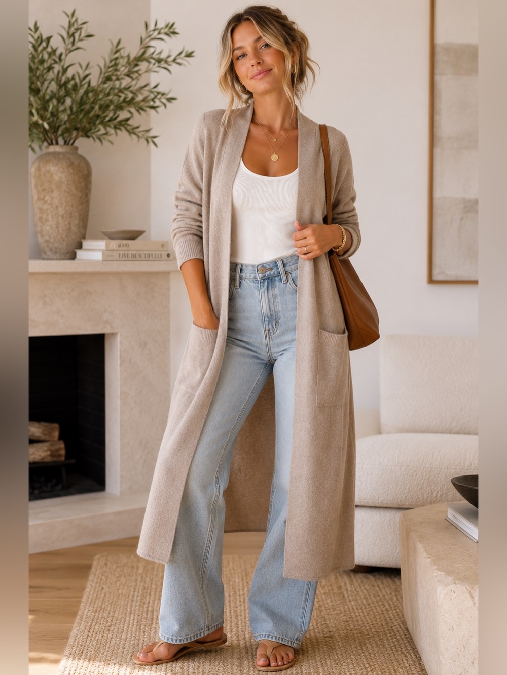 Van Winkle & Co Womens Medium 100% Cashmere Long Cardigan Duster Beige Cozy